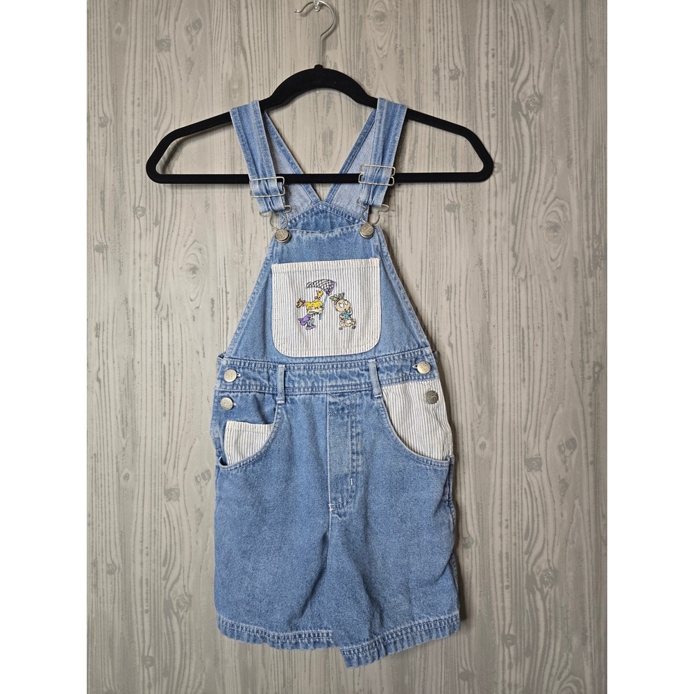 Vintage Rugrats Denim Shortalls Kids Size 7 Nickelodeon 90s Kidcore Light Wash